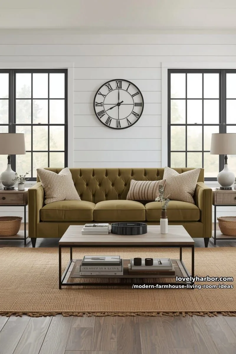 15 Modern Farmhouse Living Room Ideas for a Fresh Atmosphere 36 olive green velvet sofa paired with industrial farmhouse side tables 1
