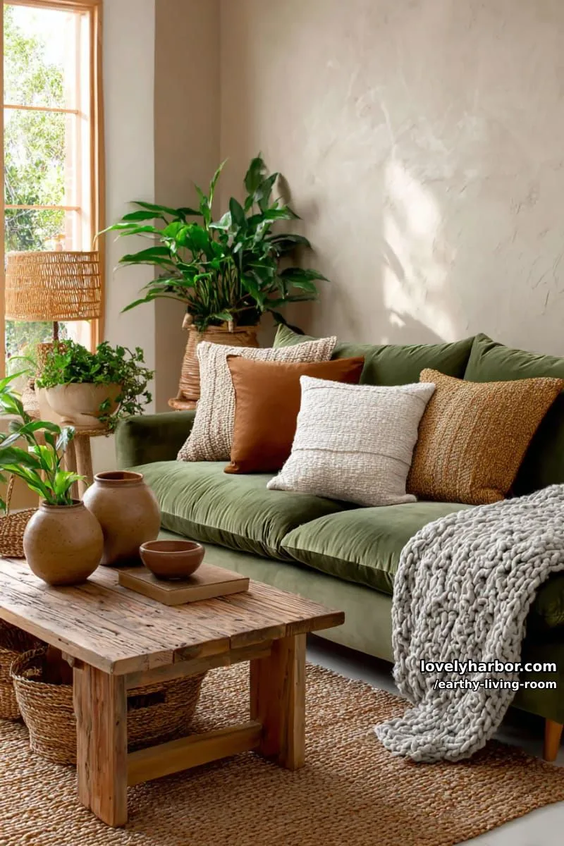 Bring Nature Indoors: 15 Earthy Living Room Designs to Inspire 2 olive green velvet sofa paired with terracotta throw pillows and knitted blankets 1