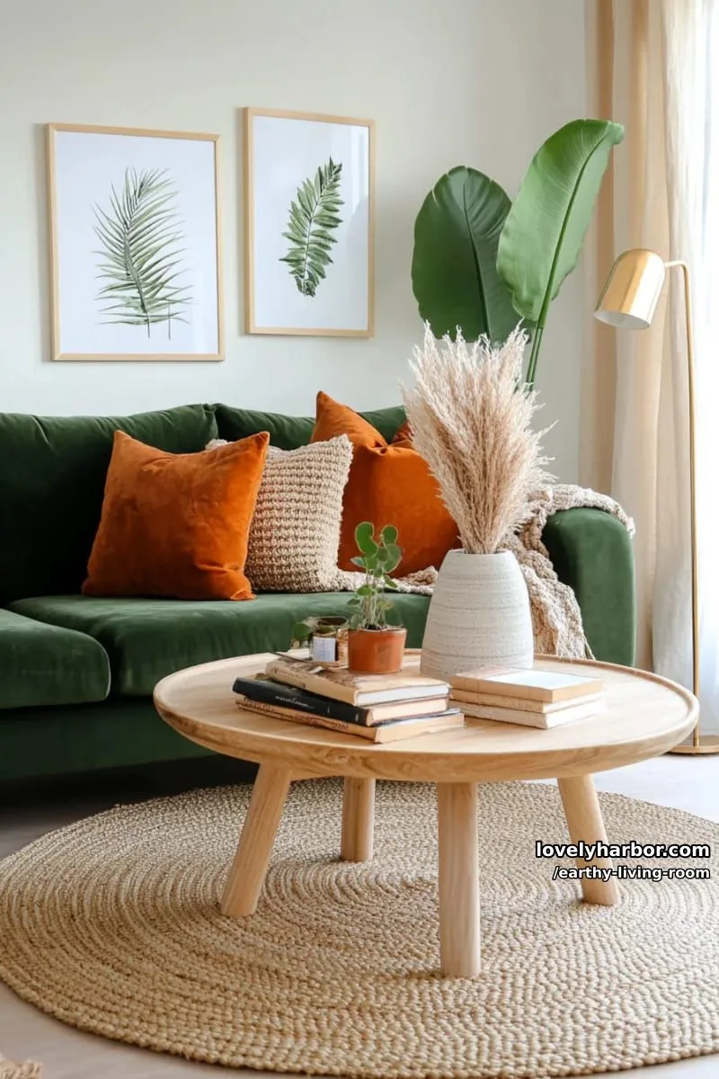Bring Nature Indoors: 15 Earthy Living Room Designs to Inspire 3 olive green velvet sofa paired with terracotta throw pillows and knitted blankets 1