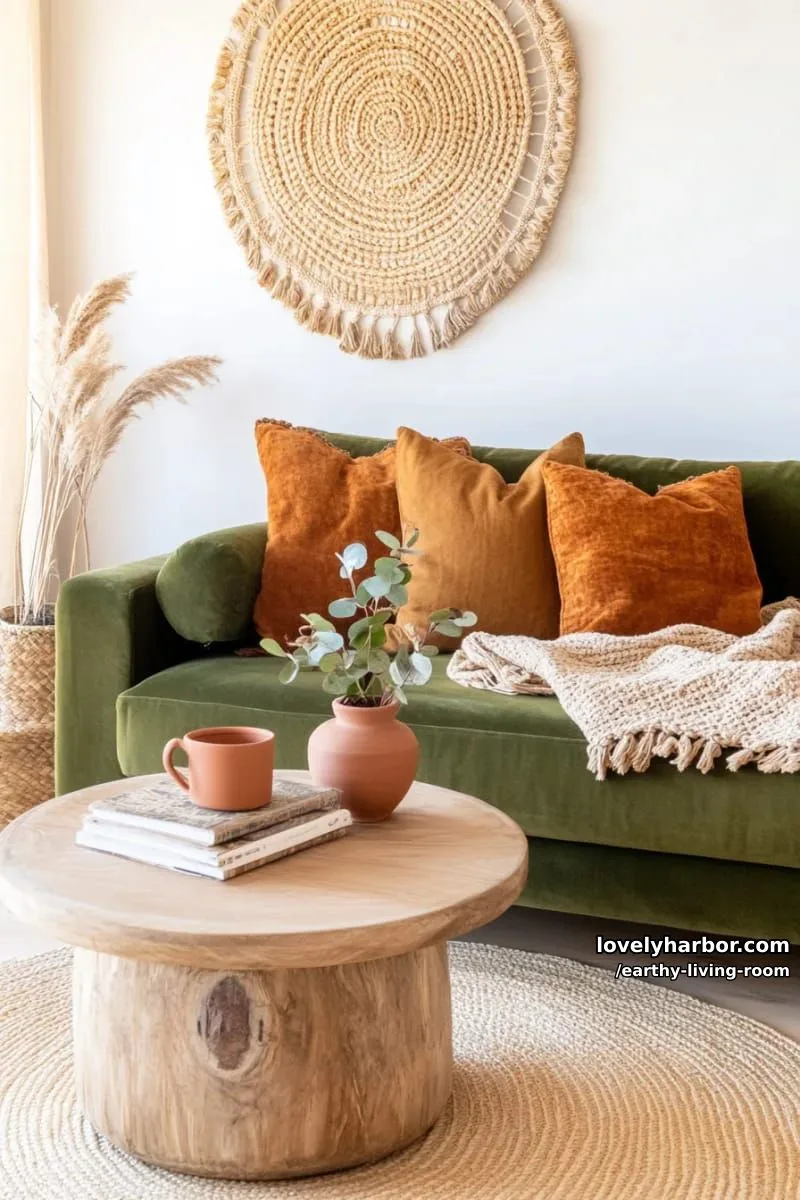 Bring Nature Indoors: 15 Earthy Living Room Designs to Inspire 4 olive green velvet sofa paired with terracotta throw pillows and knitted blankets 1