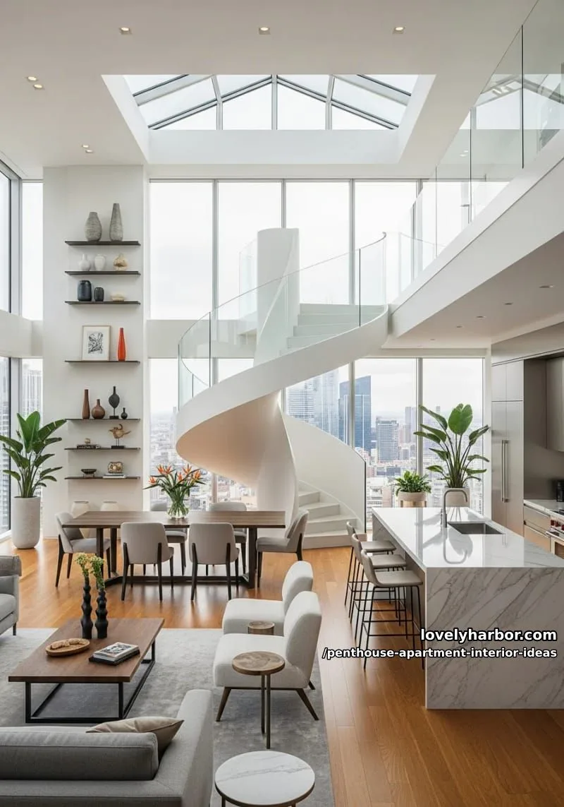29 Stunning Penthouse Apartment Interior Design Ideas for a Fresh New Look 48 open-plan space with central sculptural spiral staircase and skylights 1