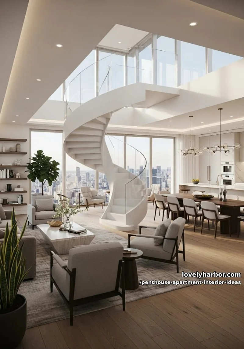 29 Stunning Penthouse Apartment Interior Design Ideas for a Fresh New Look 49 open-plan space with central sculptural spiral staircase and skylights 1