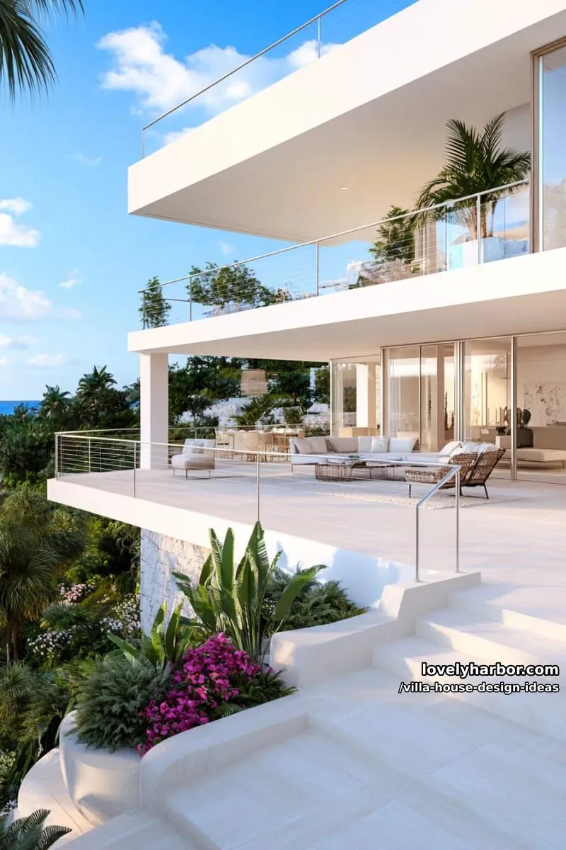 open-plan villa with multi-level terraces and glass railings 1