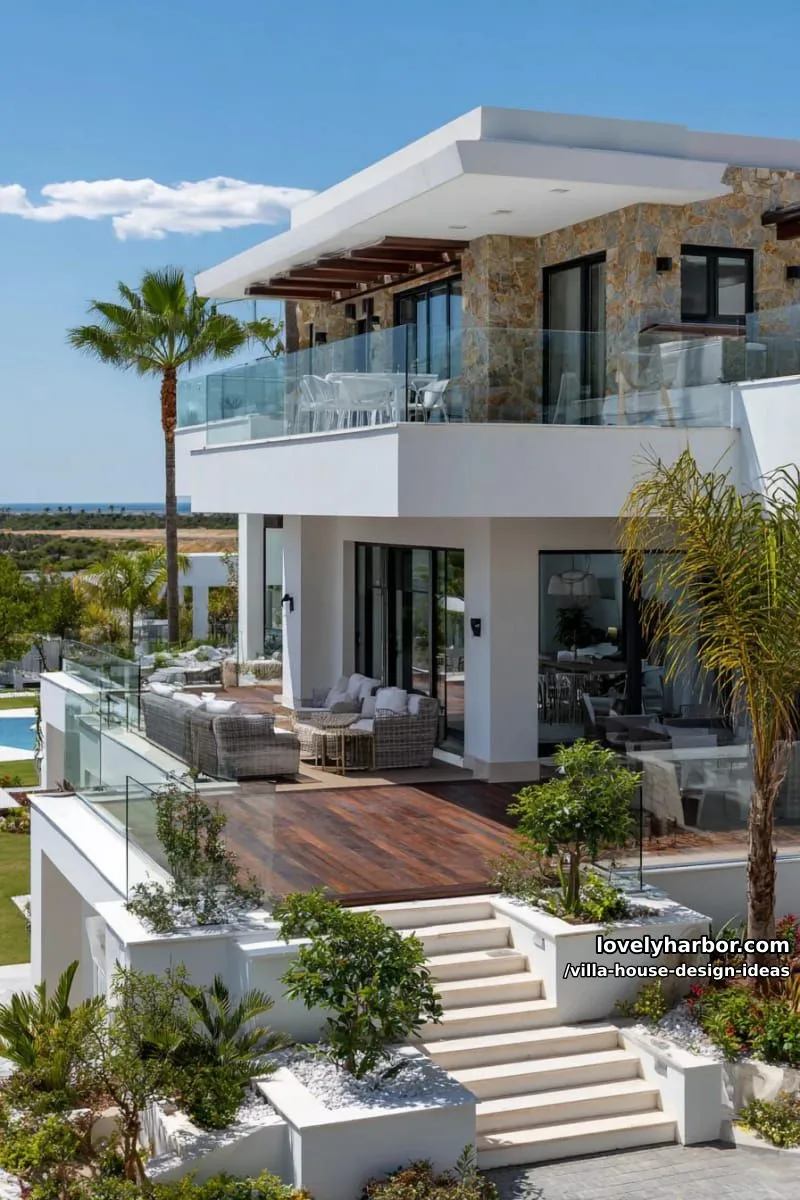 open-plan villa with multi-level terraces and glass railings 1