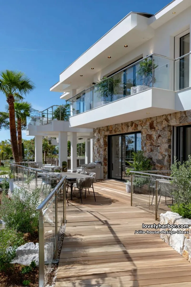 open-plan villa with multi-level terraces and glass railings 1