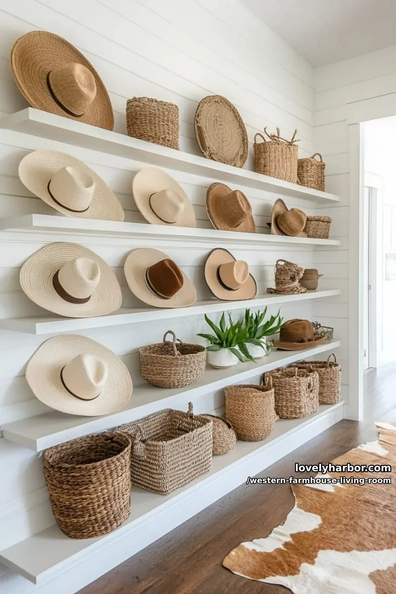 open shelving with vintage western hats, pottery, and handwoven baskets 1