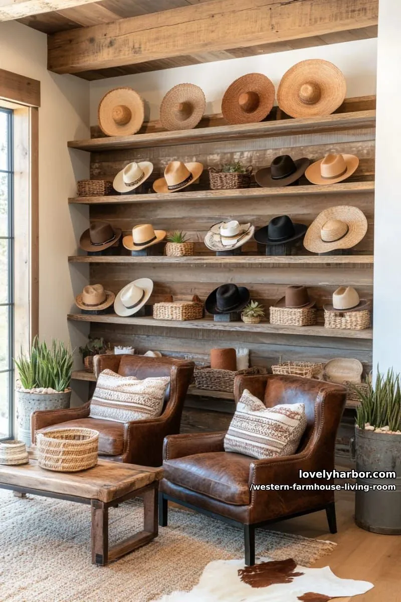 open shelving with vintage western hats, pottery, and handwoven baskets 1