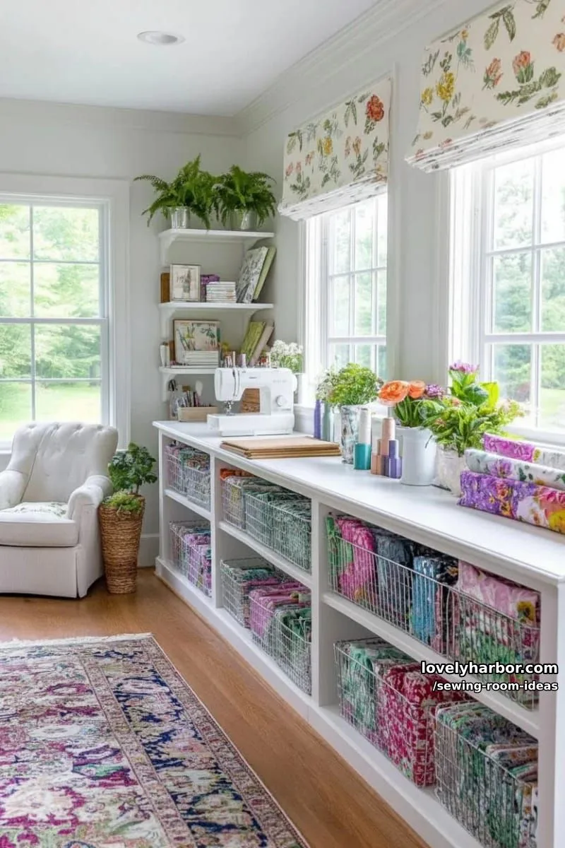 15 Creative Sewing Room Design Ideas 23 open wire baskets for fat quarters and visible fabric inspiration 1