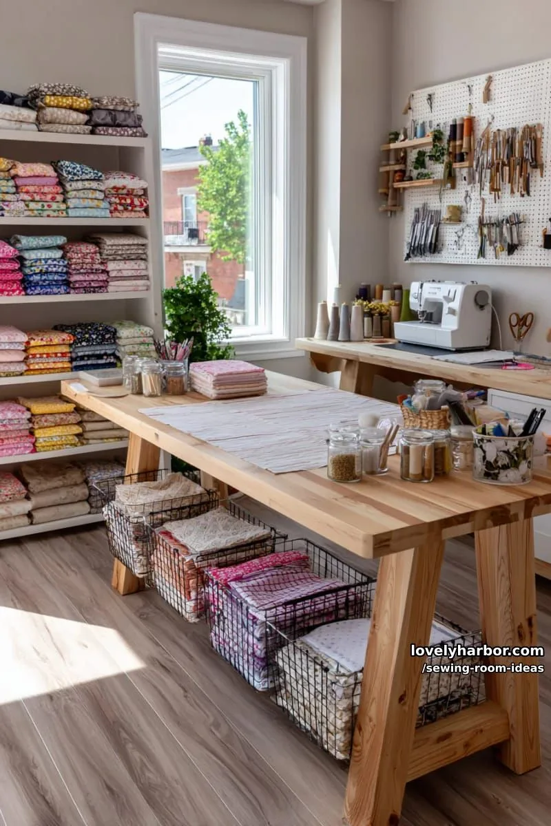 15 Creative Sewing Room Design Ideas 24 open wire baskets for fat quarters and visible fabric inspiration 1