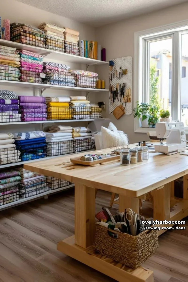 15 Creative Sewing Room Design Ideas 25 open wire baskets for fat quarters and visible fabric inspiration 1
