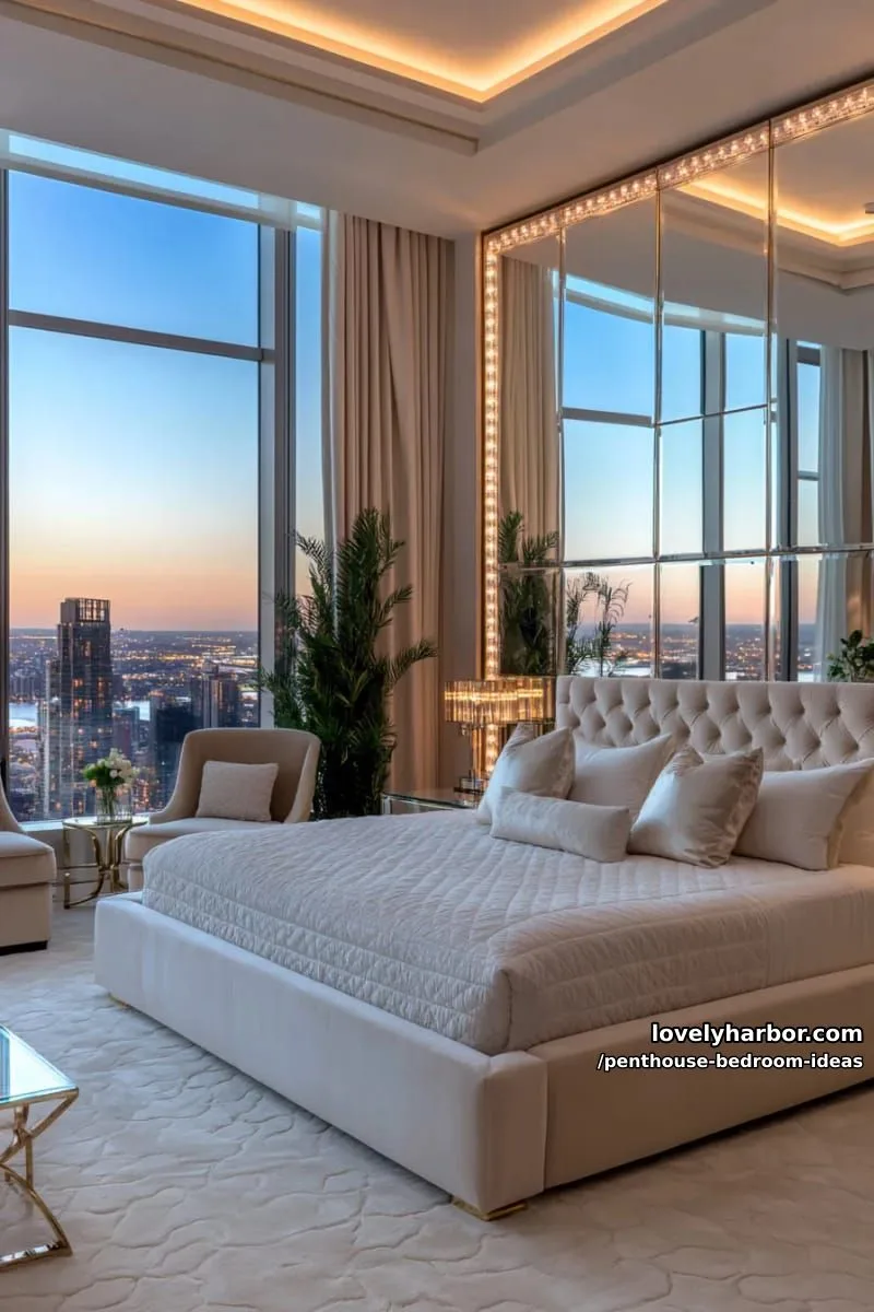 opulent mirrored wall behind the bed, reflecting sparkling city lights 1