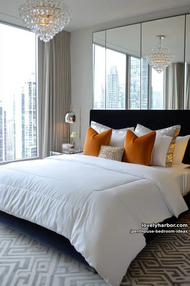 opulent mirrored wall behind the bed, reflecting sparkling city lights 1