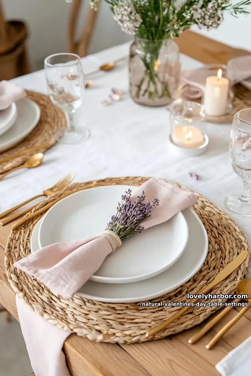 15 Natural Valentine’s Day Table Settings Perfect for a Romantic Table for Two 40 organic cotton tablecloth in blush hues with dried lavender bundles 1
