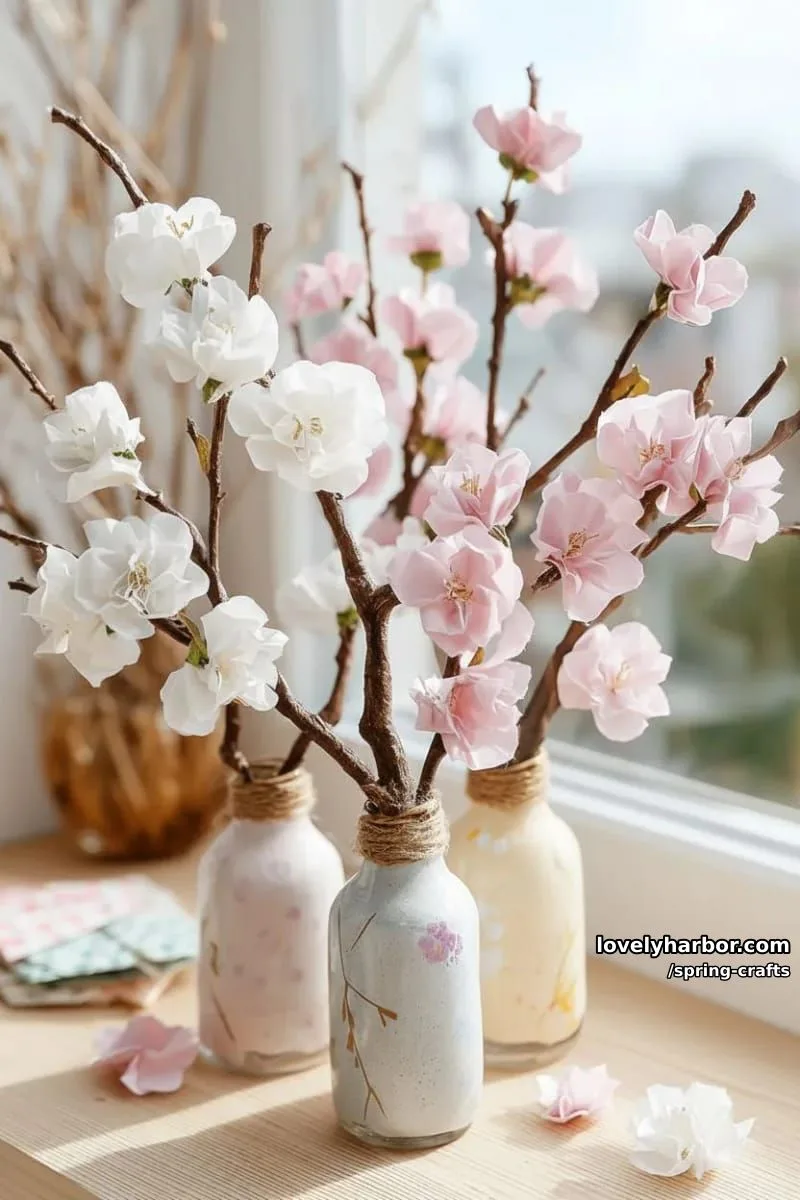 origami cherry blossom branches displayed in hand-painted glass bottles 1