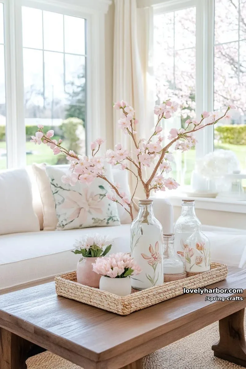 origami cherry blossom branches displayed in hand-painted glass bottles 1
