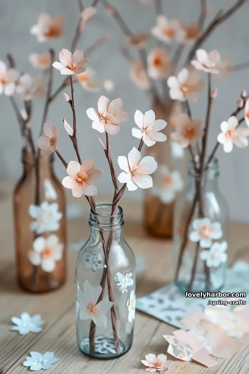 origami cherry blossom branches displayed in hand-painted glass bottles 1