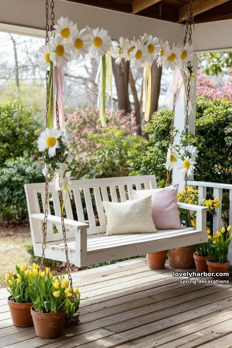outdoor porch swing adorned with oversized paper daisies and ribbons 1