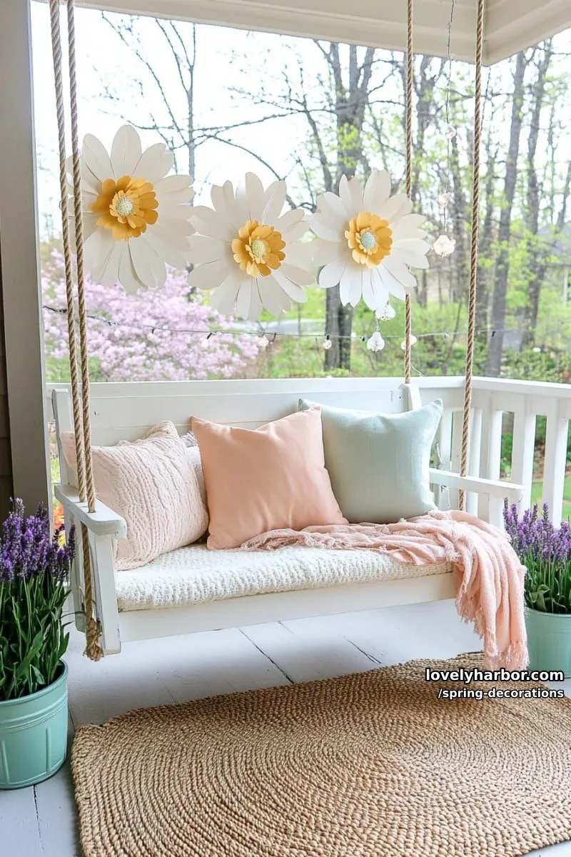 outdoor porch swing adorned with oversized paper daisies and ribbons 1