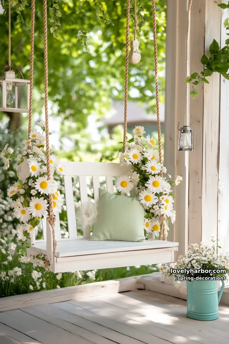 outdoor porch swing adorned with oversized paper daisies and ribbons 1