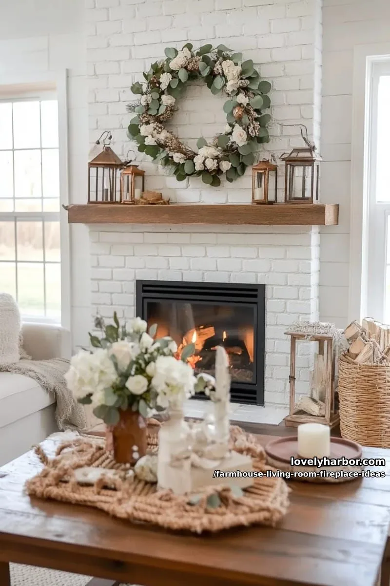 oversized farmhouse wreath on a whitewashed brick fireplace for seasonal charm 1
