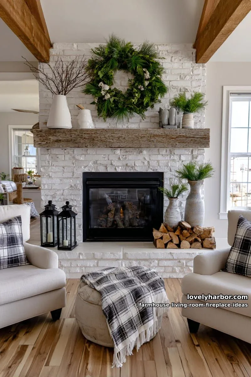 oversized farmhouse wreath on a whitewashed brick fireplace for seasonal charm 1