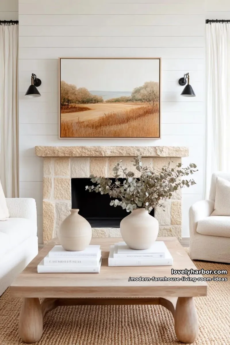 15 Modern Farmhouse Living Room Ideas for a Fresh Atmosphere 33 oversized landscape artwork above a streamlined stone mantel 1