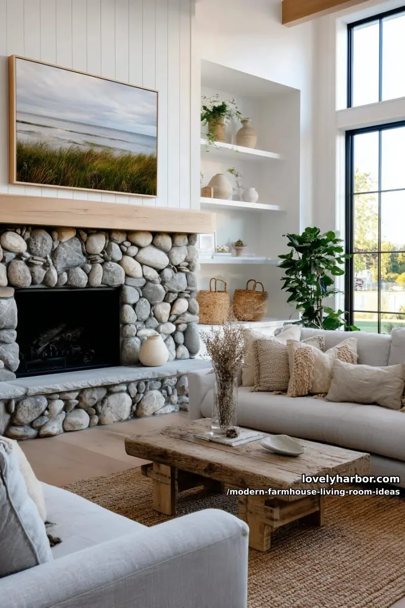 15 Modern Farmhouse Living Room Ideas for a Fresh Atmosphere 34 oversized landscape artwork above a streamlined stone mantel 1