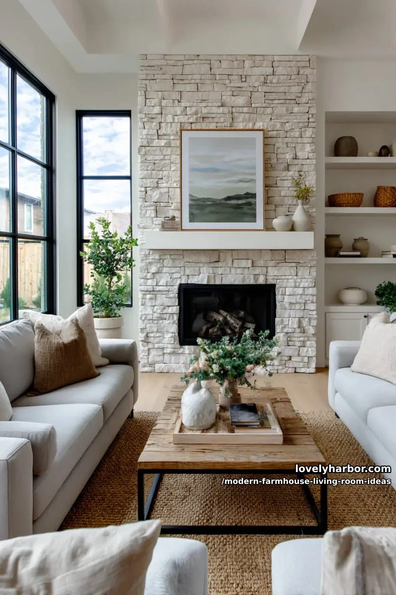 15 Modern Farmhouse Living Room Ideas for a Fresh Atmosphere 35 oversized landscape artwork above a streamlined stone mantel 1