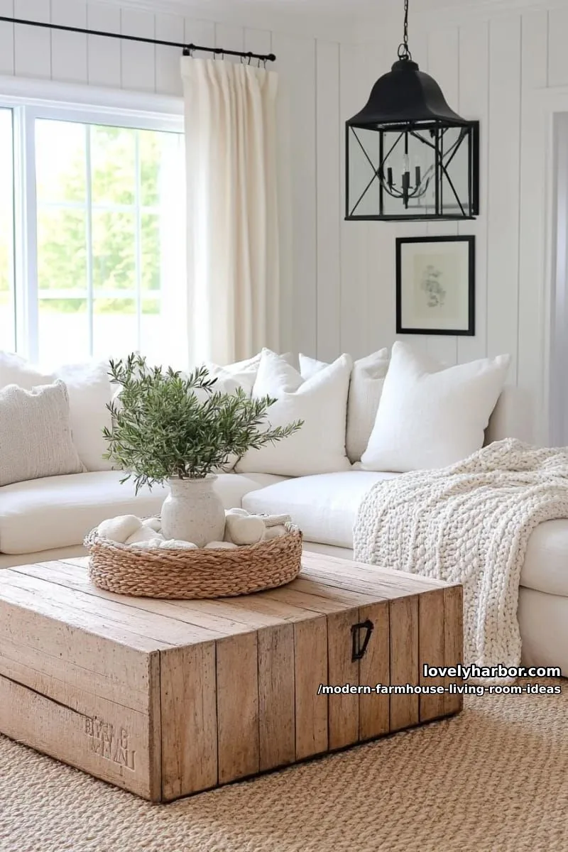 15 Modern Farmhouse Living Room Ideas for a Fresh Atmosphere 2 oversized linen sectional with chunky knit throws and vintage wooden coffee table 1