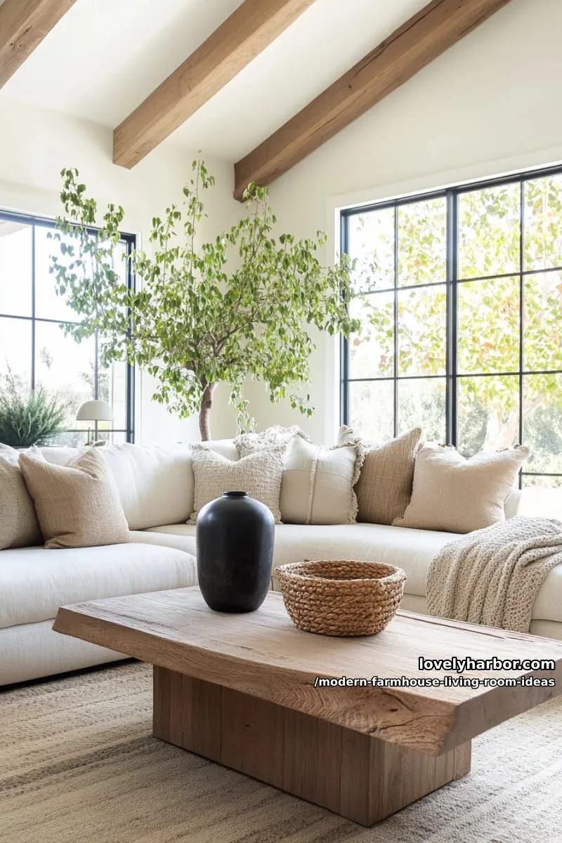 15 Modern Farmhouse Living Room Ideas for a Fresh Atmosphere 3 oversized linen sectional with chunky knit throws and vintage wooden coffee table 1