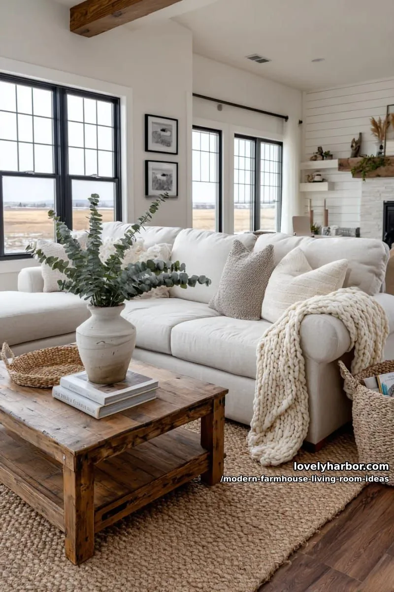 15 Modern Farmhouse Living Room Ideas for a Fresh Atmosphere 4 oversized linen sectional with chunky knit throws and vintage wooden coffee table 1