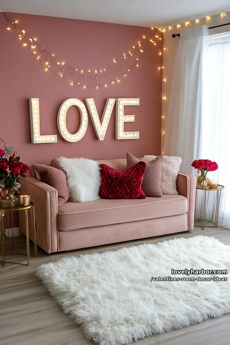 15 Valentine's Room Decor Ideas for a Romantic Ambiance 40 oversized “love” marquee lights paired with fluffy white fur rugs 1