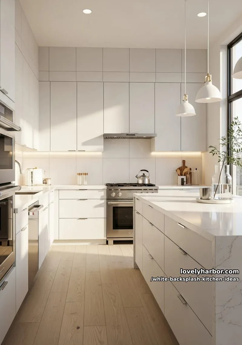 15 Elegant White Backsplash Ideas for Your Kitchen 14 oversized square porcelain tiles for a seamless, contemporary white kitchen backdrop 1
