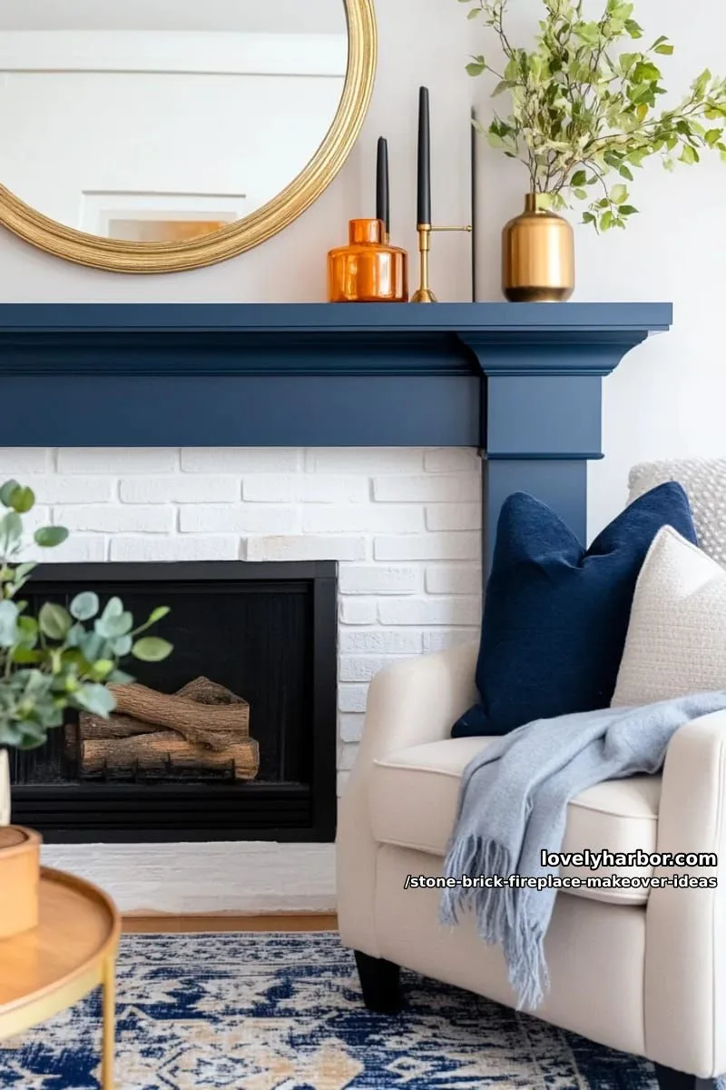 paint stone bricks a deep navy blue for dramatic, moody fireplace energy. 1