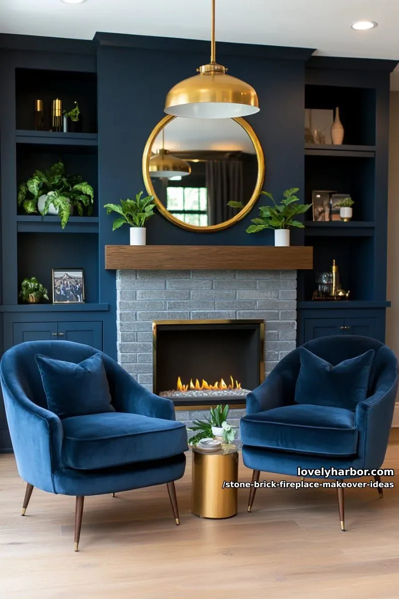 paint stone bricks a deep navy blue for dramatic, moody fireplace energy. 1
