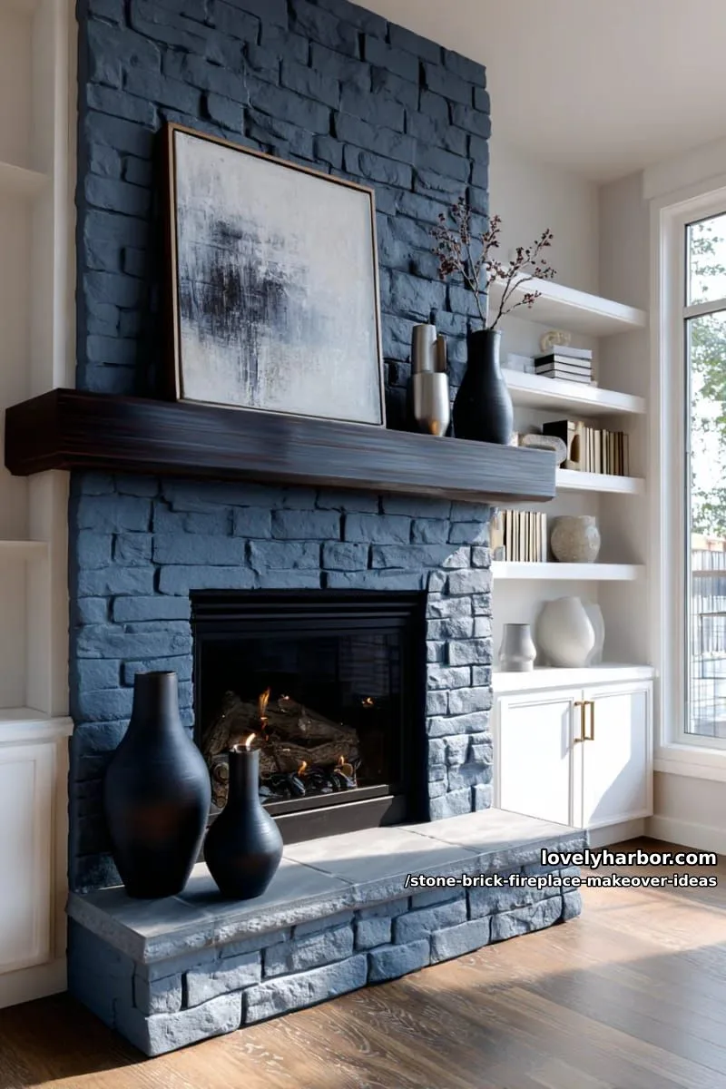 paint stone bricks a deep navy blue for dramatic, moody fireplace energy. 1