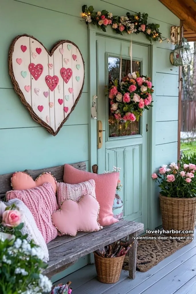 painted birch slice heart with embroidered yarn and button flowers 18