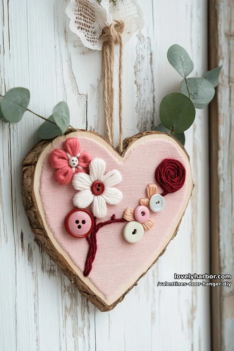 painted birch slice heart with embroidered yarn and button flowers 1