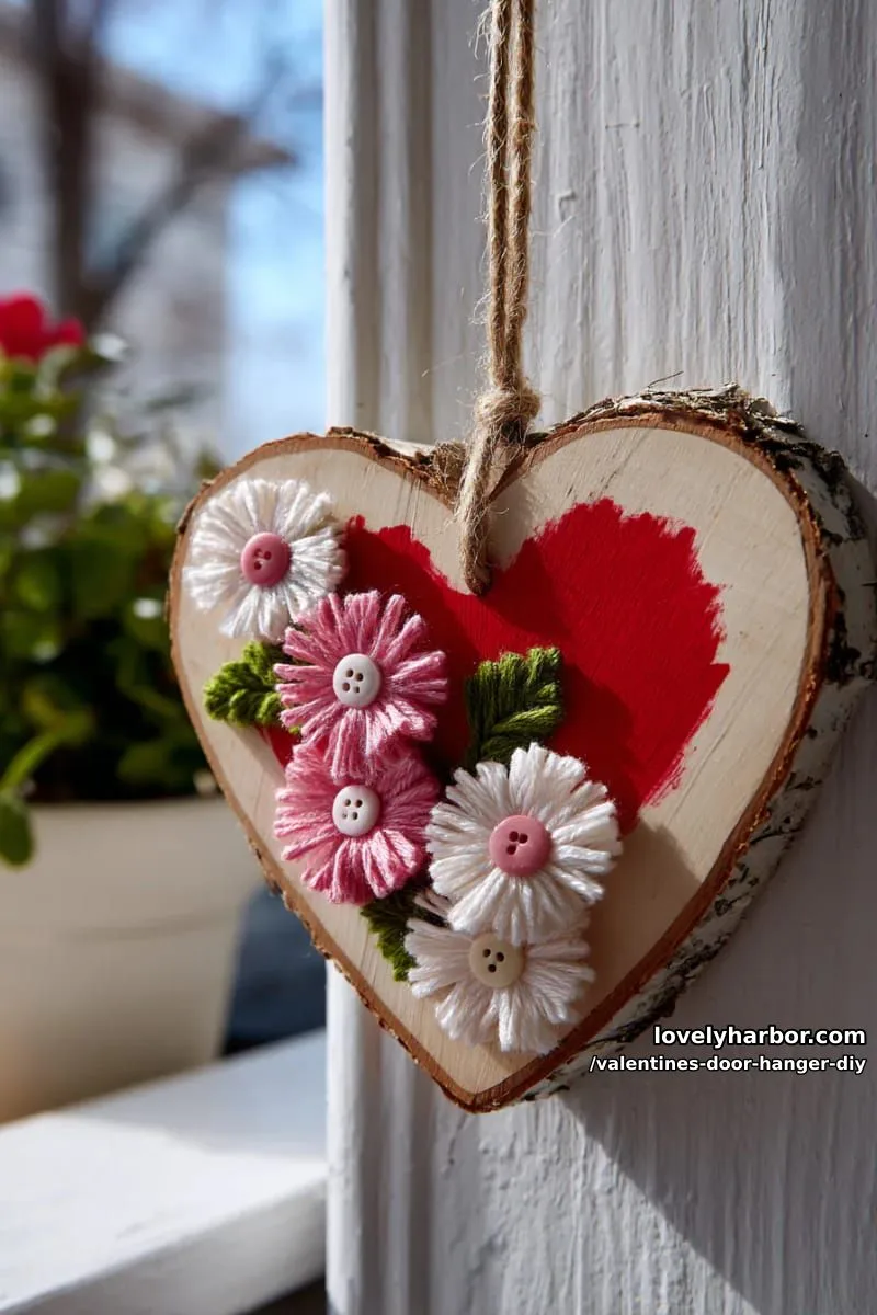 painted birch slice heart with embroidered yarn and button flowers 1