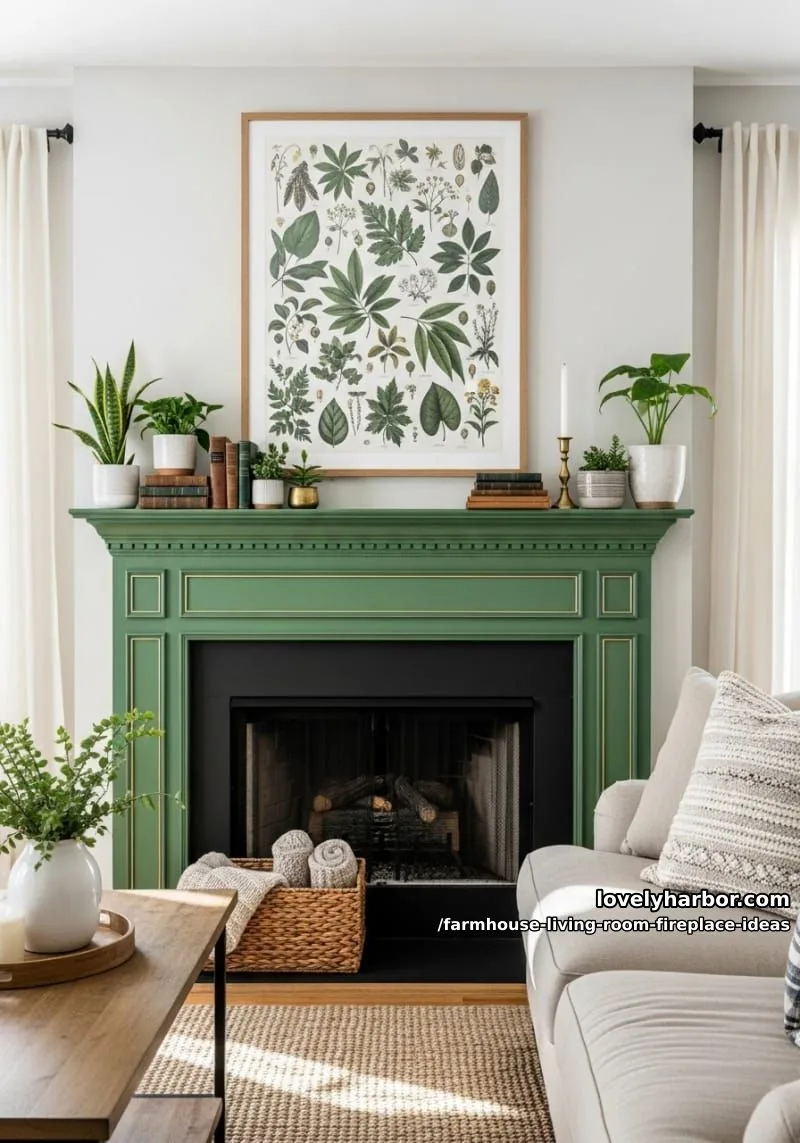 painted green fireplace with gold accents and botanical art for modern farmhouse flair 1