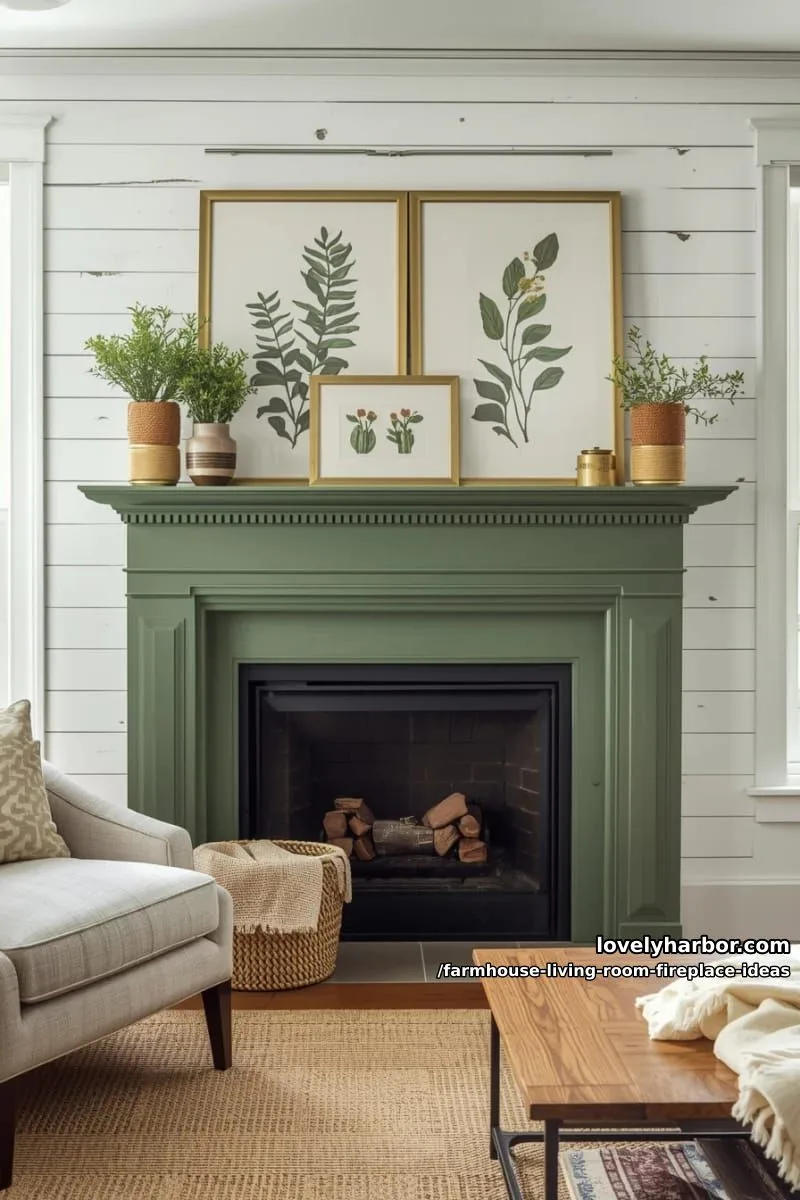 painted green fireplace with gold accents and botanical art for modern farmhouse flair 1