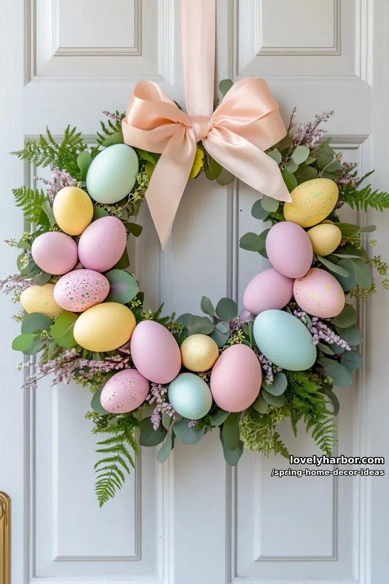 27 Gorgeous Spring Decor Ideas to Brighten Your Home 17 painted pastel egg wreath with fresh greenery for a bright front door 1