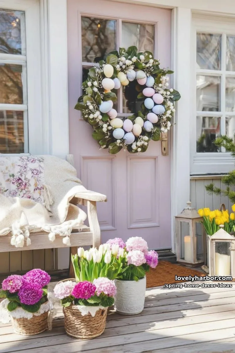 27 Gorgeous Spring Decor Ideas to Brighten Your Home 18 painted pastel egg wreath with fresh greenery for a bright front door 1