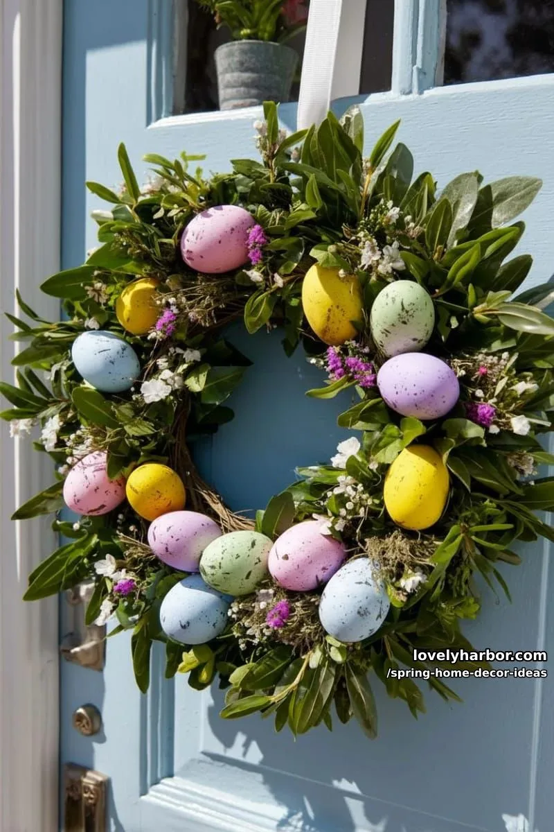 27 Gorgeous Spring Decor Ideas to Brighten Your Home 19 painted pastel egg wreath with fresh greenery for a bright front door 1