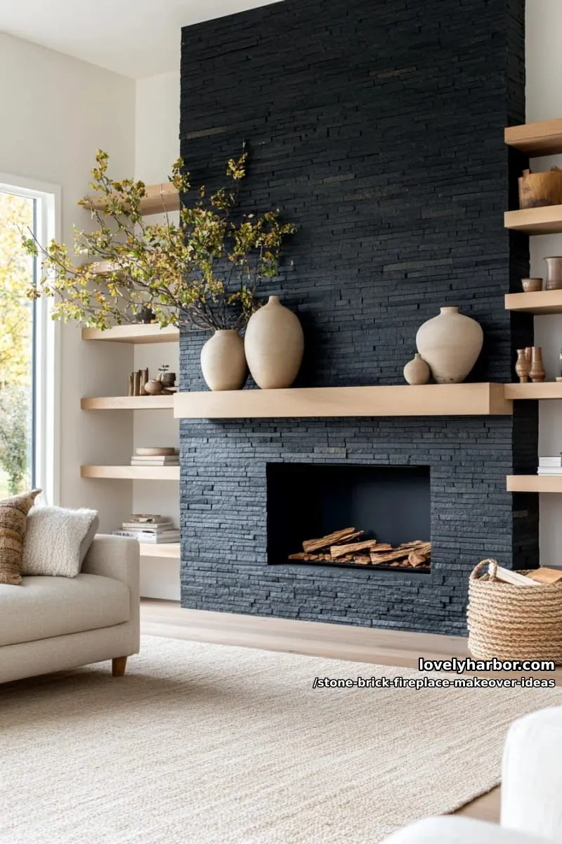 pair dramatic black painted brick with natural stone surround for modern contrast. 1