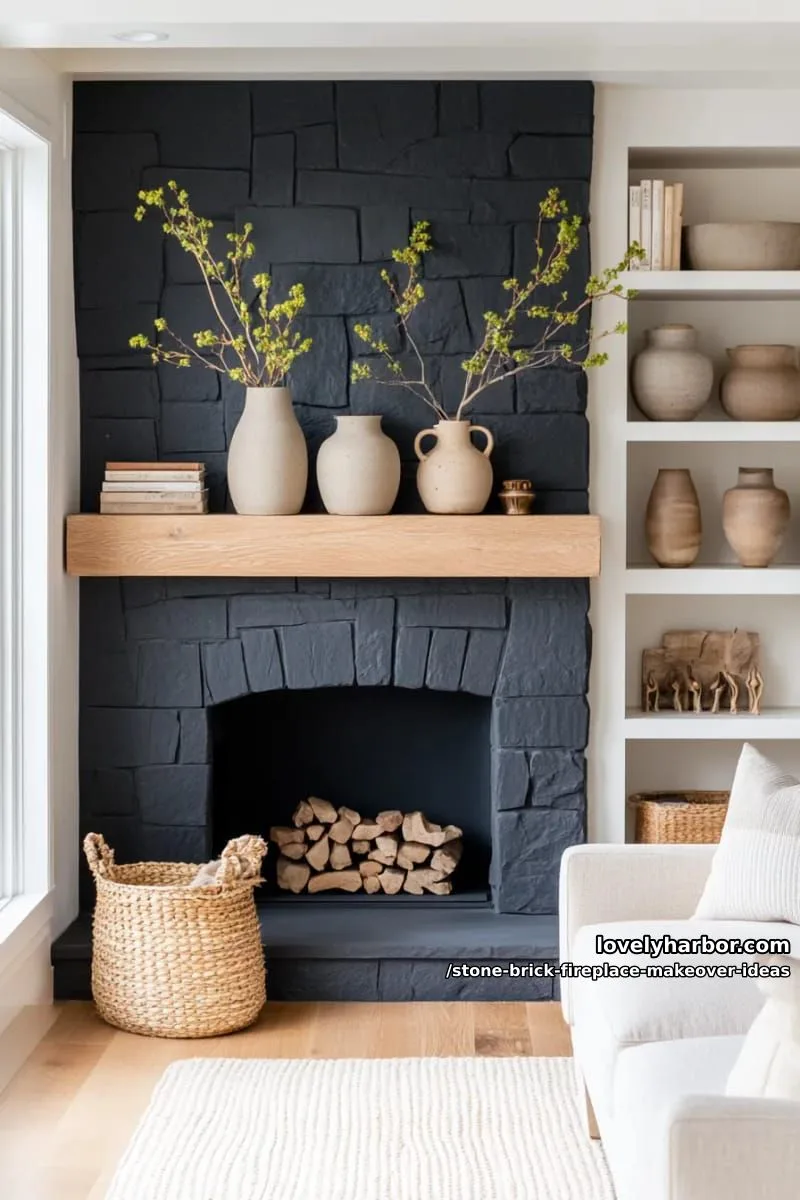 pair dramatic black painted brick with natural stone surround for modern contrast. 1