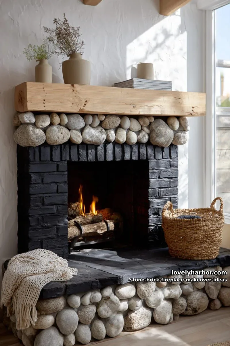 pair dramatic black painted brick with natural stone surround for modern contrast. 1