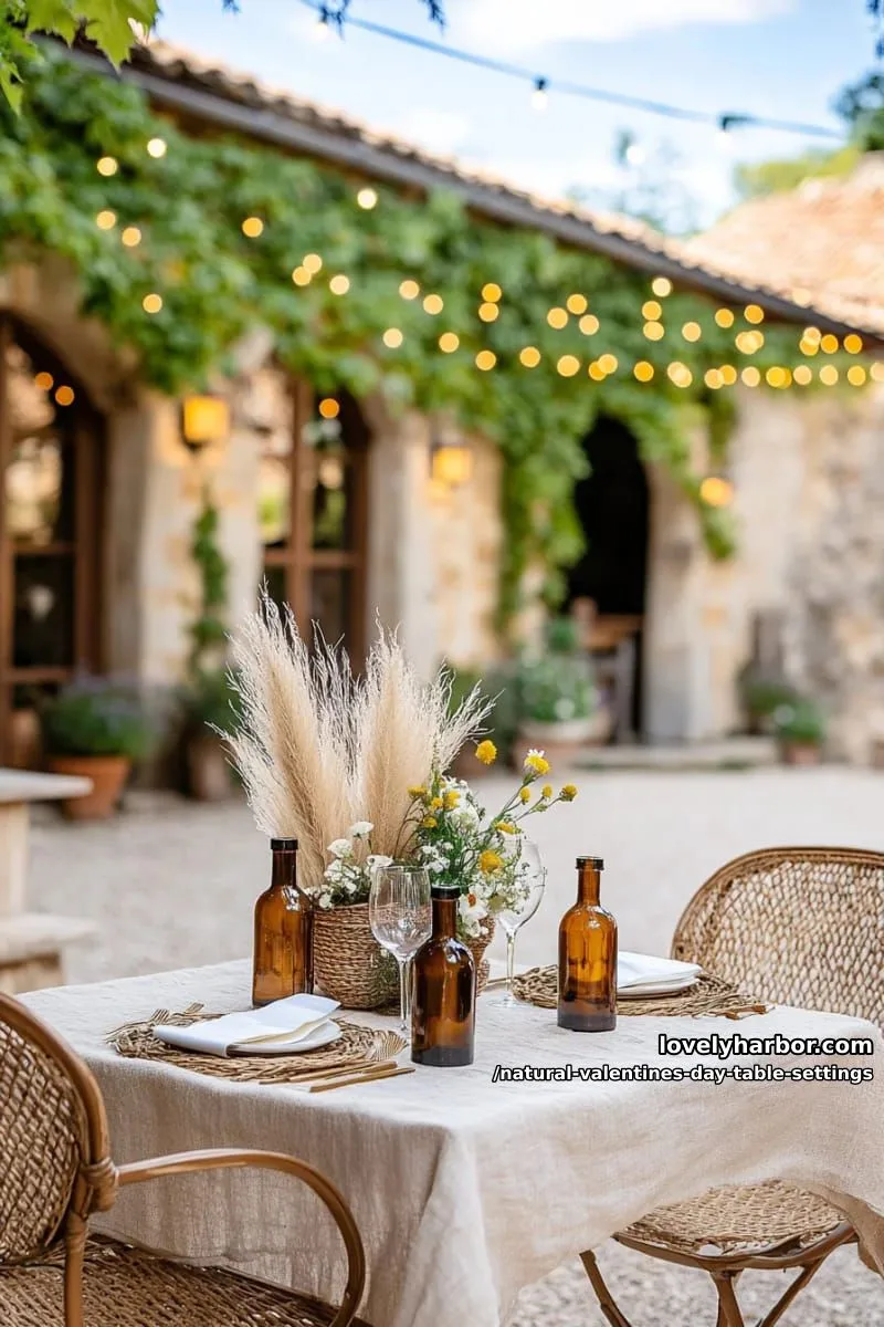 15 Natural Valentine’s Day Table Settings Perfect for a Romantic Table for Two 24 pampas grass bouquets in amber bottles with jute-wrapped candleholders 1