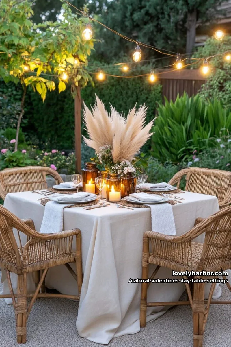 15 Natural Valentine’s Day Table Settings Perfect for a Romantic Table for Two 25 pampas grass bouquets in amber bottles with jute-wrapped candleholders 1