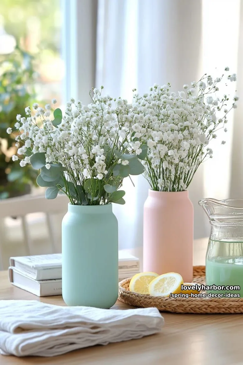 27 Gorgeous Spring Decor Ideas to Brighten Your Home 31 pastel ceramics holding baby’s breath and sprigs of eucalyptus for subtle styling 1